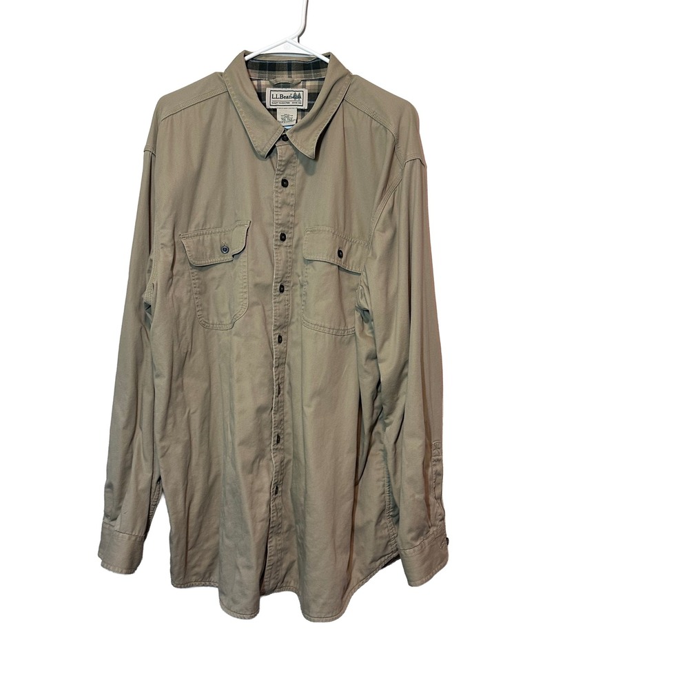 LL Bean Mens XXL Regular Flannel Lined Hurricane Shirt Khaki Tan Cotton 278634